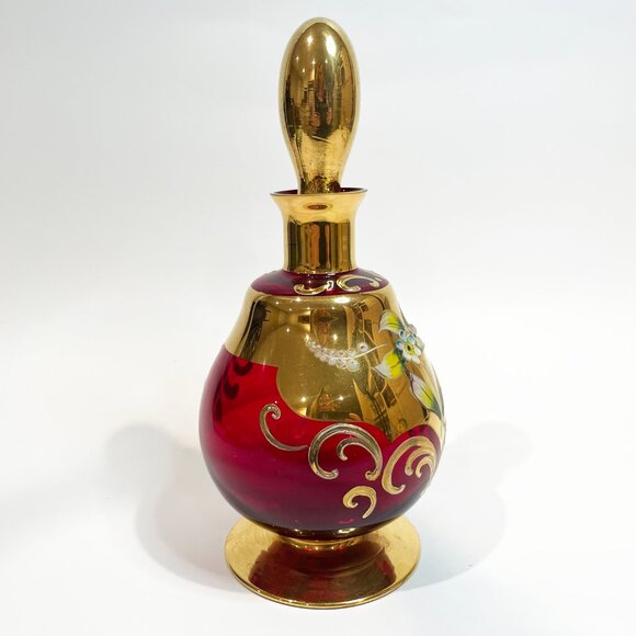 Vintage Bohemian Glass Ruby Red Gold Decanter 5" x 9.25" 1960's - Picture 4 of 11